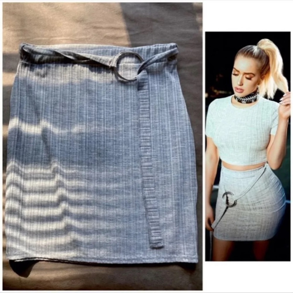 Pretty Little Thing Grey Ribbed O-Ring Waist Shape Mini Bodycon Skirt Size 14